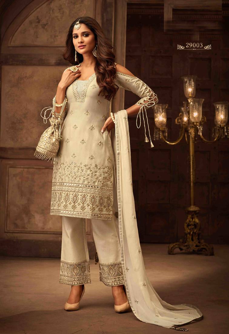 Natural Crepe With Heavy Embroidery Sequence Work And Fancy Lace Dhoti Salwar & Top