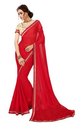 Red plain georgette saree with blouse 1