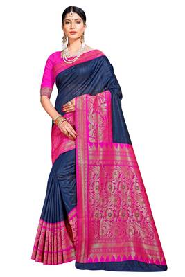 Navy Blue Woven Banarasi Silk Saree With Blouse 1