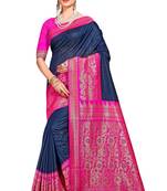 Navy Blue Woven Banarasi Silk Saree With Blouse