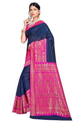 Navy Blue Woven Banarasi Silk Saree With Blouse 2