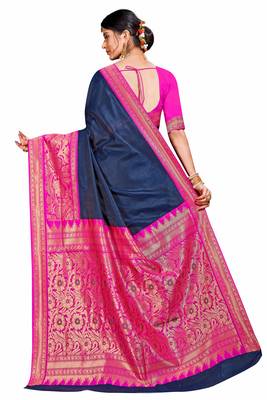 Navy Blue Woven Banarasi Silk Saree With Blouse 3