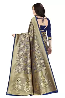 Navy Blue Woven Art Silk Saree With Blouse