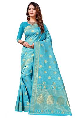 Light Blue Woven  Art Silk Saree With Blouse 1