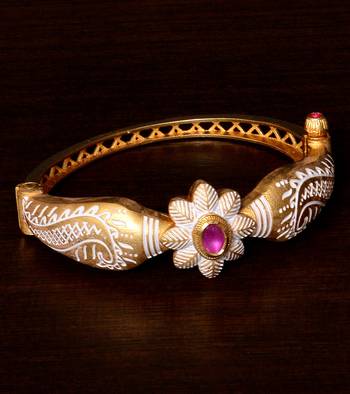 Copper Made Ruby Stone Embellished White Meenakari Worked Fine Quality Bracelet BD354 1