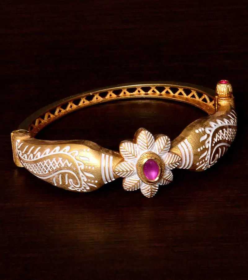 Copper Made Ruby Stone Embellished White Meenakari Worked Fine Quality Bracelet BD354