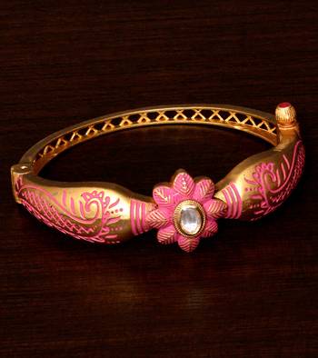 Copper Made Kundan Stone Embellished Pink Meenakari Worked Fine Quality Bracelet BD356 1