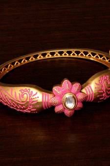 Copper Made Kundan Stone Embellished Pink Meenakari Worked Fine Quality Bracelet BD356