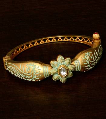 Copper Made Kundan Stone Embellished Sea Green Meenakari Worked Fine Quality Bracelet BD359 1