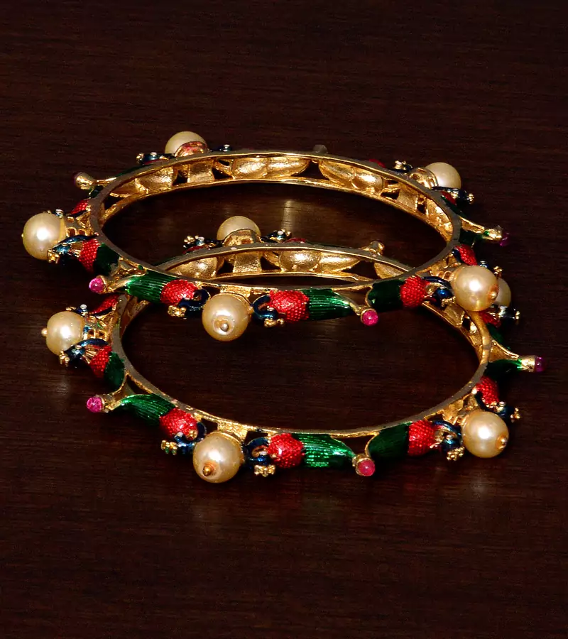 Copper Made Ruby, Pearl and Meenakari Worked Peacock Styled Pair of Designer Bangles BD361
