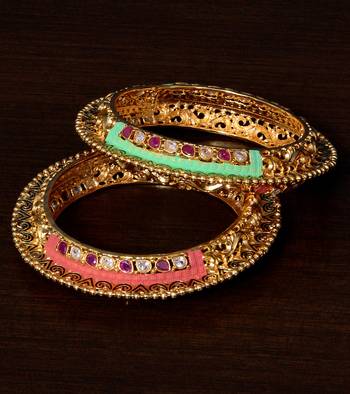 Copper Made Meenakari Worked, Ruby and CZ Embellished Intricate Pattern Designer Bangles BD362 1