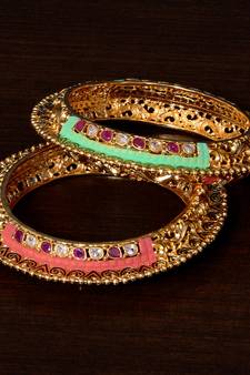 Copper Made Meenakari Worked, Ruby and CZ Embellished Intricate Pattern Designer Bangles BD362