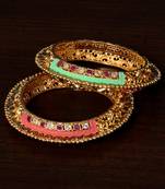 Copper Made Meenakari Worked, Ruby and CZ Embellished Intricate Pattern Designer Bangles BD362