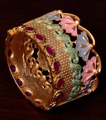 Copper Made Ruby Embellished Matte Finished Meenakari Worked High-end Designer Bracelet BD365 1