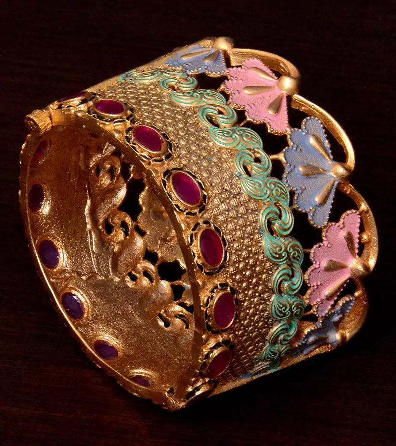 Copper Made Ruby Embellished Matte Finished Meenakari Worked High-end Designer Bracelet BD365