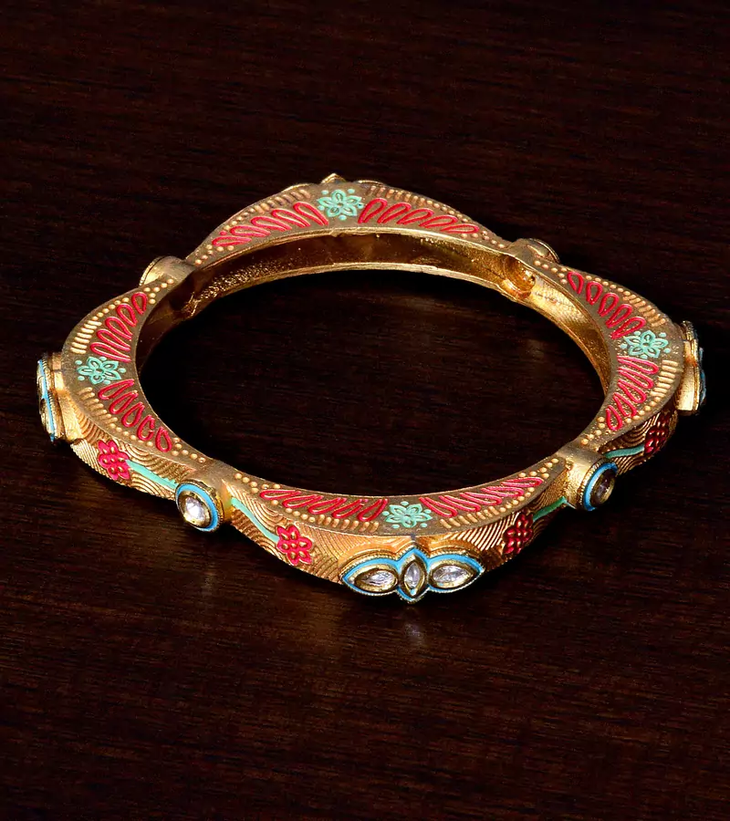 Copper Made Kundan Embellished Matte Finished Meenakari Worked Designer Bracelet BD366