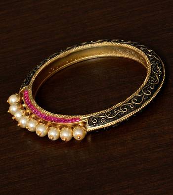Meenakari Worked Ruby and Pearl Embellished High-end Designer Bracelet BD367 1