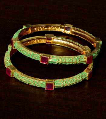 Copper Made Meenakari Worked and Ruby Stone Embellished Pair of Designer Bangles BD369 1