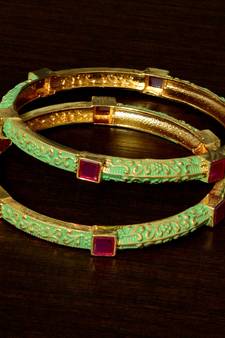 Copper Made Meenakari Worked and Ruby Stone Embellished Pair of Designer Bangles BD369