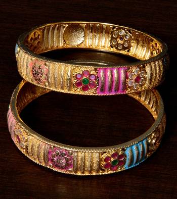 Copper Made Ruby, CZ and Emerald Embellished Meenakari Worked Designer Bangles BD370 1