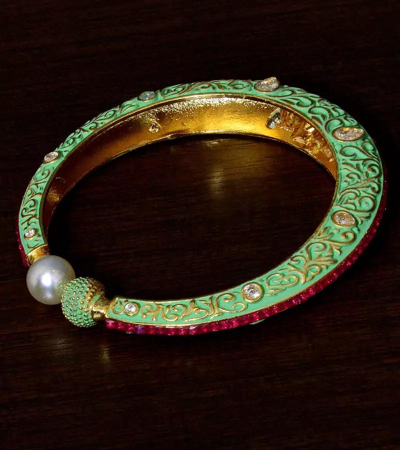 Meenakari Worked Ruby and Pearl Embellished High-end Designer Bracelet BD372