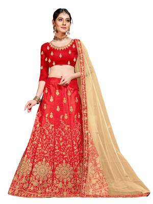 Red Embroidered Silk Semi Stitched Lehenga 1