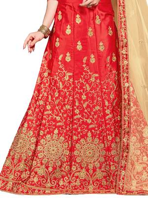 Red Embroidered Silk Semi Stitched Lehenga 4