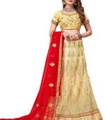 Beige Embroidered Net Semi Stitched Lehenga