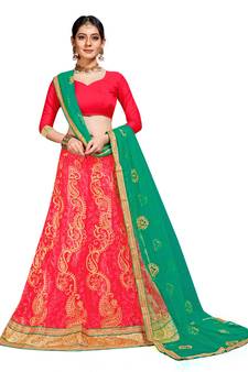 Pink Embroidered Net Semi Stitched Lehenga