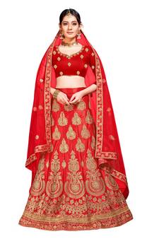 Red Embroidered Art Silk Semi Stitched Lehenga