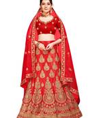 Red Embroidered Art Silk Semi Stitched Lehenga