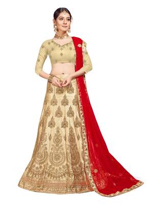 Beige Embroidered Silk Semi Stitched Lehenga 1