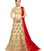 Beige Embroidered Silk Semi Stitched Lehenga