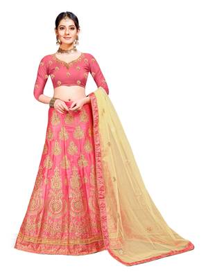 Pink Embroidered Art Silk Semi Stitched Lehenga 1