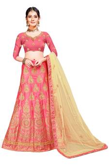 Pink Embroidered Art Silk Semi Stitched Lehenga