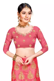 Pink Embroidered Art Silk Semi Stitched Lehenga
