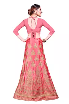 Pink Embroidered Art Silk Semi Stitched Lehenga