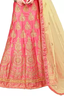 Pink Embroidered Art Silk Semi Stitched Lehenga