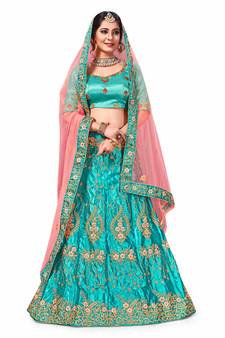 Blue Embroidered Satin Semi Stitched Lehenga