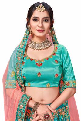 Blue Embroidered Satin Semi Stitched Lehenga 2