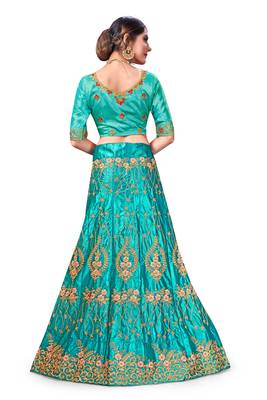 Blue Embroidered Satin Semi Stitched Lehenga 3