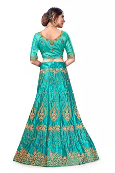 Blue Embroidered Satin Semi Stitched Lehenga