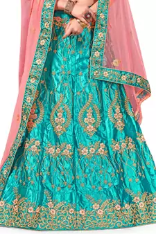 Blue Embroidered Satin Semi Stitched Lehenga