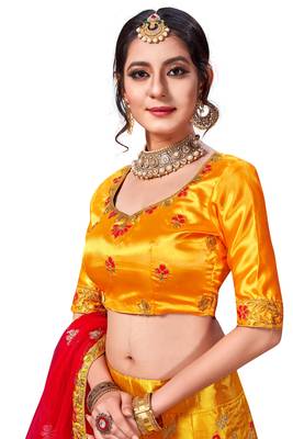 Yellow Embroidered Satin Semi Stitched Lehenga 2