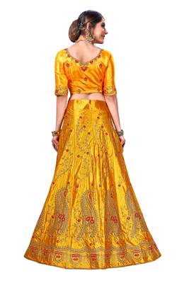 Yellow Embroidered Satin Semi Stitched Lehenga 3