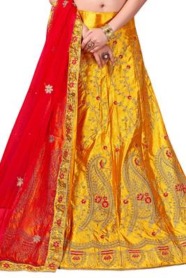 Yellow Embroidered Satin Semi Stitched Lehenga 4