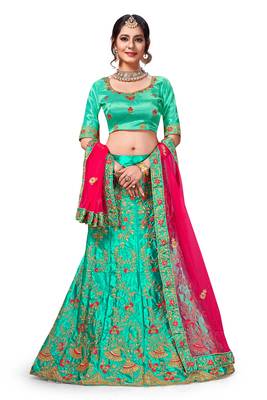 Green Embroidered Satin Semi Stitched Lehenga 1