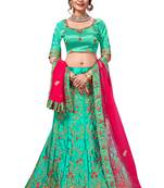 Green Embroidered Satin Semi Stitched Lehenga
