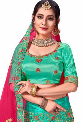 Green Embroidered Satin Semi Stitched Lehenga 2