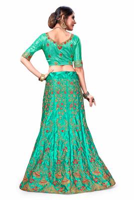 Green Embroidered Satin Semi Stitched Lehenga 3